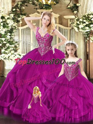Tulle Straps Sleeveless Lace Up Beading and Ruffles Quinceanera Dresses in Fuchsia