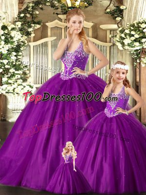 Glorious Purple Sleeveless Tulle Lace Up Vestidos de Quinceanera for Military Ball and Sweet 16 and Quinceanera