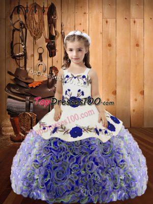 Sleeveless Fabric With Rolling Flowers Floor Length Lace Up Little Girl Pageant Dress in Multi-color with Embroidery and Ruffles