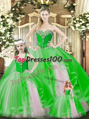 Green Sleeveless Floor Length Beading and Ruffles Lace Up Ball Gown Prom Dress