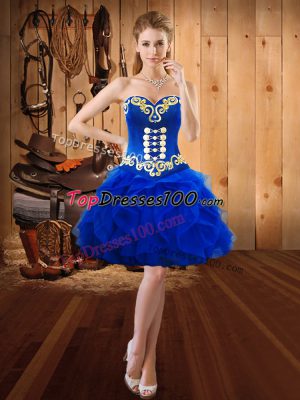 Dramatic Royal Blue Prom Gown Prom and Party with Embroidery and Ruffles Sweetheart Sleeveless Lace Up