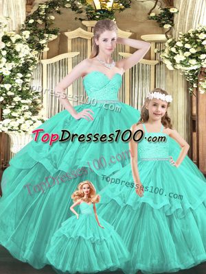 Aqua Blue Sleeveless Lace and Ruffled Layers Floor Length Ball Gown Prom Dress