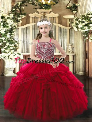 Wine Red Sleeveless Floor Length Beading and Ruffles Lace Up Little Girls Pageant Gowns
