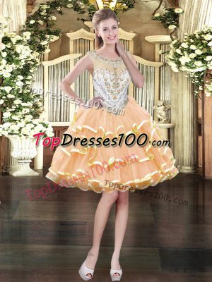 Peach Ball Gowns Beading and Ruffled Layers Homecoming Dress Zipper Organza Sleeveless Mini Length