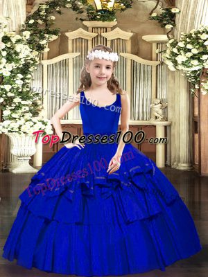Floor Length Zipper Little Girls Pageant Dress Wholesale Royal Blue for Party and Quinceanera with Beading