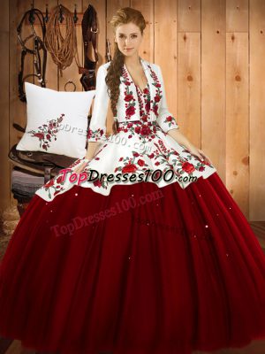 Modest Wine Red Ball Gowns Sweetheart Sleeveless Satin and Tulle Floor Length Lace Up Embroidery Sweet 16 Quinceanera Dress