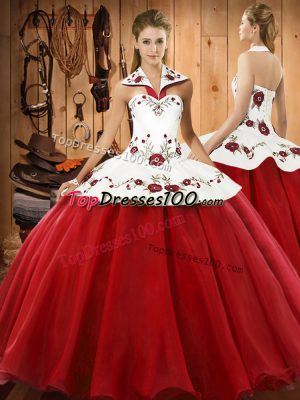 Custom Designed Satin and Tulle Halter Top Sleeveless Lace Up Embroidery Sweet 16 Quinceanera Dress in Wine Red