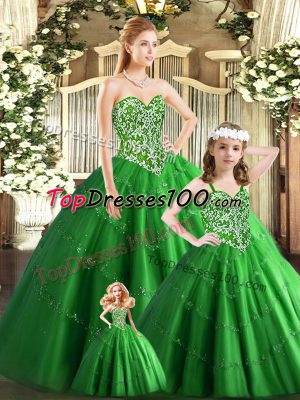 Sleeveless Floor Length Beading Lace Up Sweet 16 Dress with Green