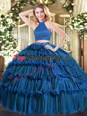 Affordable Blue Ball Gowns Beading and Ruffled Layers Quince Ball Gowns Backless Organza Sleeveless Floor Length