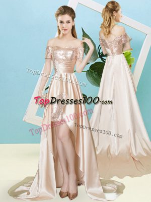 Champagne Off The Shoulder Lace Up Sequins Prom Party Dress Short Sleeves