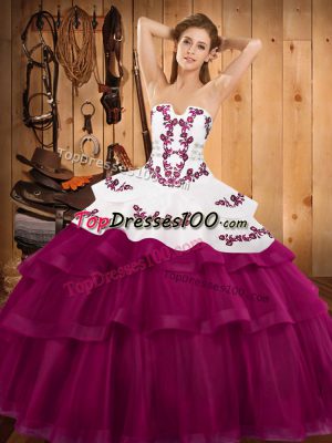 Fuchsia Sleeveless Sweep Train Embroidery and Ruffled Layers Vestidos de Quinceanera