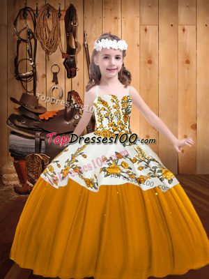 Floor Length Gold Little Girls Pageant Dress Wholesale Straps Sleeveless Lace Up