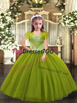 Discount Olive Green Ball Gowns Beading Womens Party Dresses Lace Up Tulle Sleeveless Floor Length