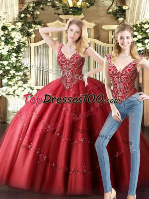 Floor Length Wine Red Quinceanera Gown V-neck Sleeveless Lace Up