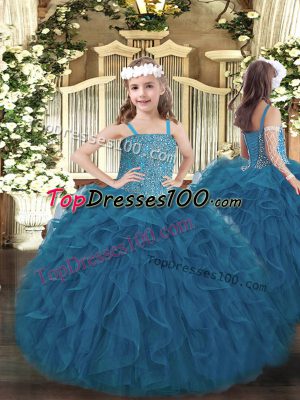 Fashionable Teal Ball Gowns Tulle Straps Sleeveless Beading and Ruffles Floor Length Lace Up Custom Made Pageant Dress
