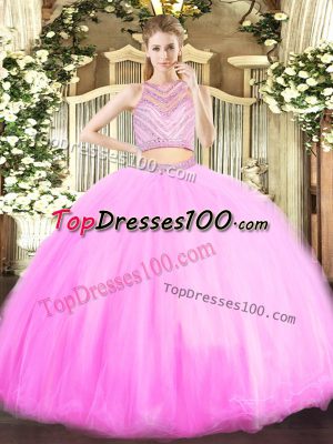 Lilac Tulle Zipper Quinceanera Dress Sleeveless Floor Length Beading