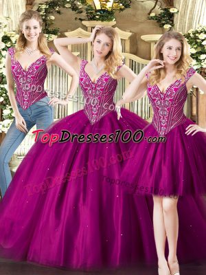 V-neck Sleeveless Quinceanera Gown Floor Length Beading Fuchsia Tulle