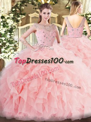 Comfortable Bateau Sleeveless Zipper Quinceanera Dresses Baby Pink Tulle
