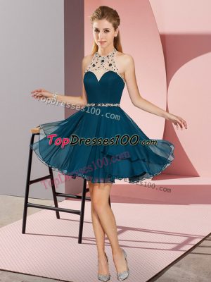 Navy Blue Chiffon Zipper Prom Dresses Sleeveless Mini Length Beading