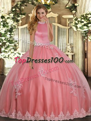 Dazzling Floor Length Coral Red Ball Gown Prom Dress Tulle Sleeveless Beading and Appliques