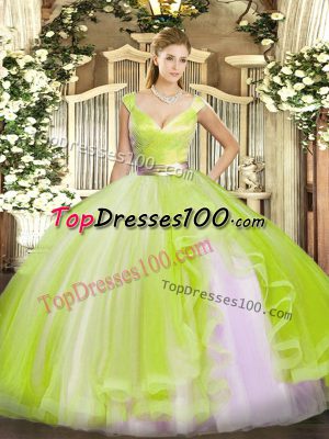 Floor Length Yellow Green Quinceanera Dress Tulle Sleeveless Beading and Ruffles