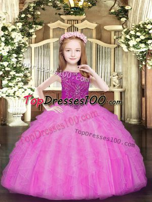Perfect Sleeveless Floor Length Beading and Ruffles Zipper Casual Dresses with Rose Pink