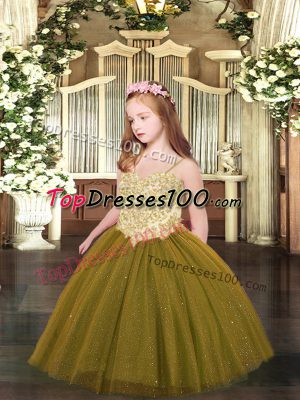 Spaghetti Straps Sleeveless Kids Formal Wear Floor Length Appliques Brown Tulle