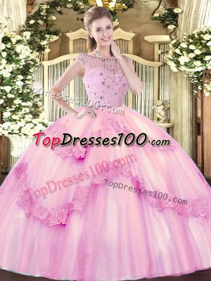 High Quality Floor Length Ball Gowns Sleeveless Rose Pink Quince Ball Gowns Zipper