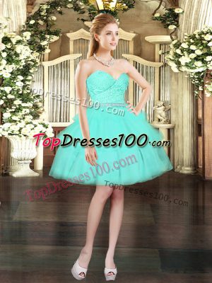 Aqua Blue Ball Gowns Sweetheart Sleeveless Tulle Mini Length Lace Up Beading and Lace and Ruffled Layers Evening Dress