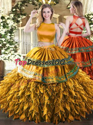Dynamic Brown Sleeveless Ruffles and Sequins Floor Length Quinceanera Gowns
