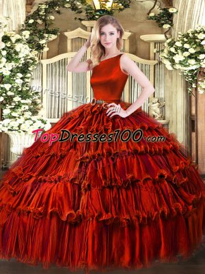 Sleeveless Floor Length Ruffled Layers Clasp Handle Ball Gown Prom Dress with Wine Red