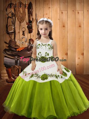 Olive Green Sleeveless Floor Length Embroidery Lace Up Little Girls Pageant Gowns