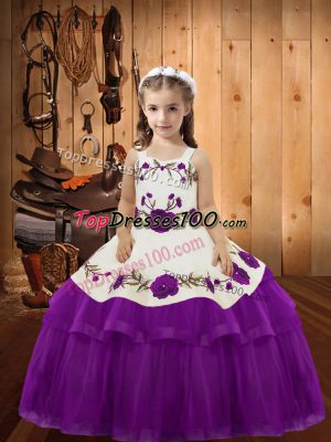 Purple Lace Up Straps Embroidery and Ruffled Layers Child Pageant Dress Organza Sleeveless