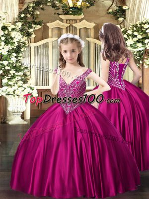 Wonderful Fuchsia V-neck Neckline Beading Girls Pageant Dresses Sleeveless Lace Up