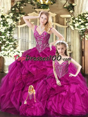 Vintage Fuchsia Sleeveless Floor Length Ruffles Lace Up 15th Birthday Dress