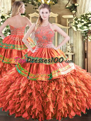 Fabulous Rust Red Sleeveless Tulle Zipper 15 Quinceanera Dress for Military Ball and Sweet 16 and Quinceanera