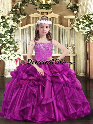 Sleeveless Floor Length Beading and Ruffles Lace Up Teens Party Dress with Fuchsia