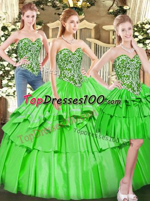 Tulle Lace Up Sweetheart Sleeveless Floor Length Vestidos de Quinceanera Beading and Ruffled Layers