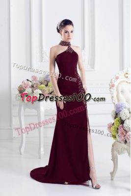 Sweep Train Column/Sheath Homecoming Dress Burgundy Halter Top Elastic Woven Satin Sleeveless Lace Up