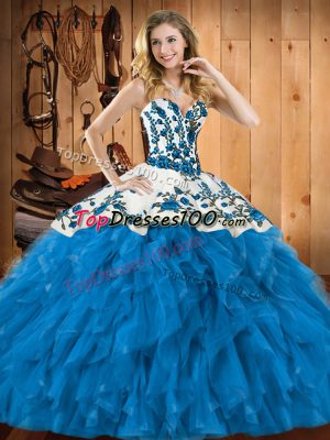Fitting Teal Lace Up Sweetheart Embroidery and Ruffles Quinceanera Gown Tulle Sleeveless