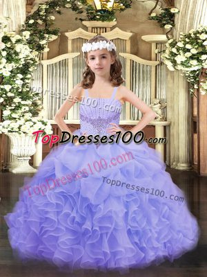 Sleeveless Floor Length Beading and Ruffles and Pick Ups Lace Up Party Dress for Toddlers with Lavender