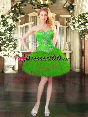 Green Sleeveless Mini Length Beading and Ruffles Lace Up Prom Dress
