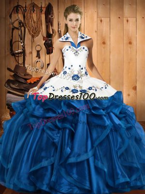 Graceful Floor Length Blue Quinceanera Dresses Halter Top Sleeveless Lace Up