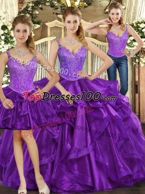 Best Straps Sleeveless Lace Up Quince Ball Gowns Purple Organza