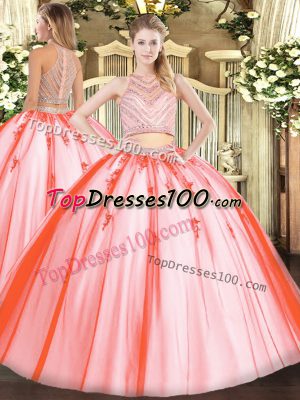 Watermelon Red Two Pieces Scoop Sleeveless Tulle Floor Length Zipper Beading Vestidos de Quinceanera