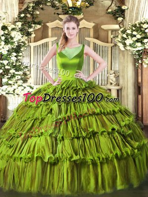 Fitting Olive Green Ball Gowns Beading and Ruffled Layers Vestidos de Quinceanera Side Zipper Organza Sleeveless Floor Length