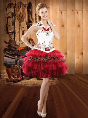 Custom Designed Ball Gowns Dress for Prom Wine Red Halter Top Organza Sleeveless Mini Length Lace Up