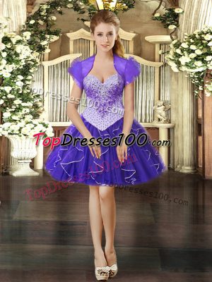 Sleeveless Organza Mini Length Lace Up Prom Dresses in Purple with Beading and Ruffles