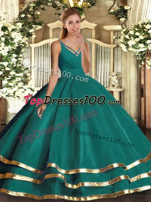 A-line Quinceanera Dress Turquoise V-neck Organza Sleeveless Floor Length Backless
