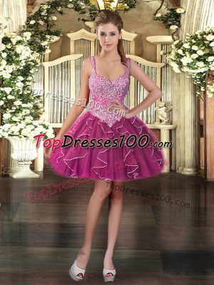 Hot Selling Sleeveless Mini Length Beading and Ruffles Zipper Prom Gown with Fuchsia